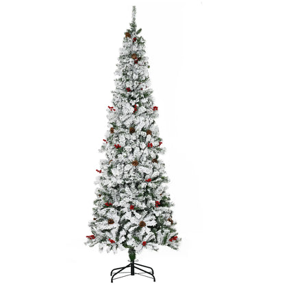 7.5 Foot Flocked Artificial Christmas Tree, 950 Pine Branches, Pine Cones, Red Berries, Green Pencil Christmas Trees Green, White at Gallery Canada