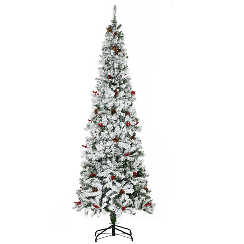 7.5 Foot Flocked Artificial Christmas Tree, 950 Pine Branches, Pine Cones, Red Berries, Green