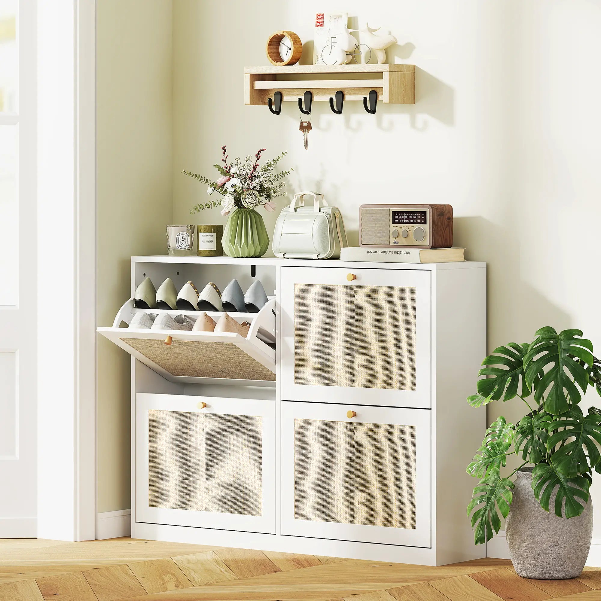 Narrow Shoe Storage Cabinet, 4 Flip Drawers, Adjustable Shelves, 20 Pairs, White Shoe Storage Cabinets & Racks at Gallery Canada
