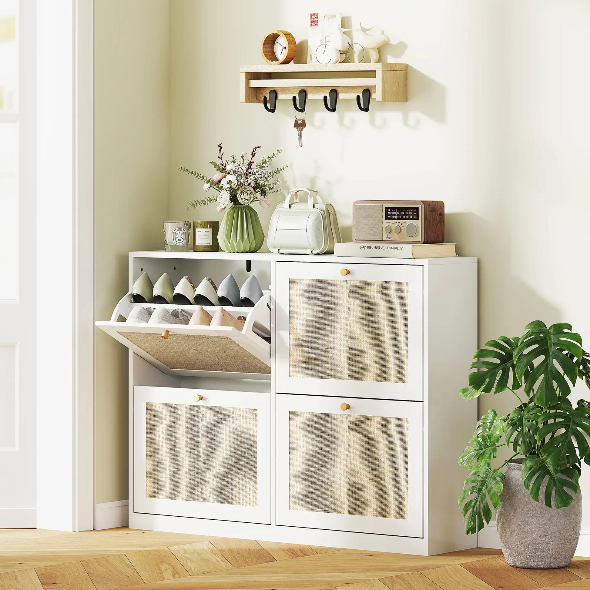 Narrow Shoe Storage Cabinet, 4 Flip Drawers, Adjustable Shelves, 20 Pairs, White Shoe Storage Cabinets & Racks at Gallery Canada