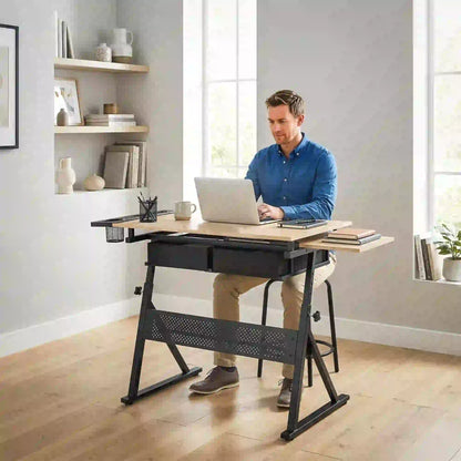 Adjustable Drafting Table, Art Desk With Stool And Storage Drawers, Oak Writing Desks at Gallery Canada