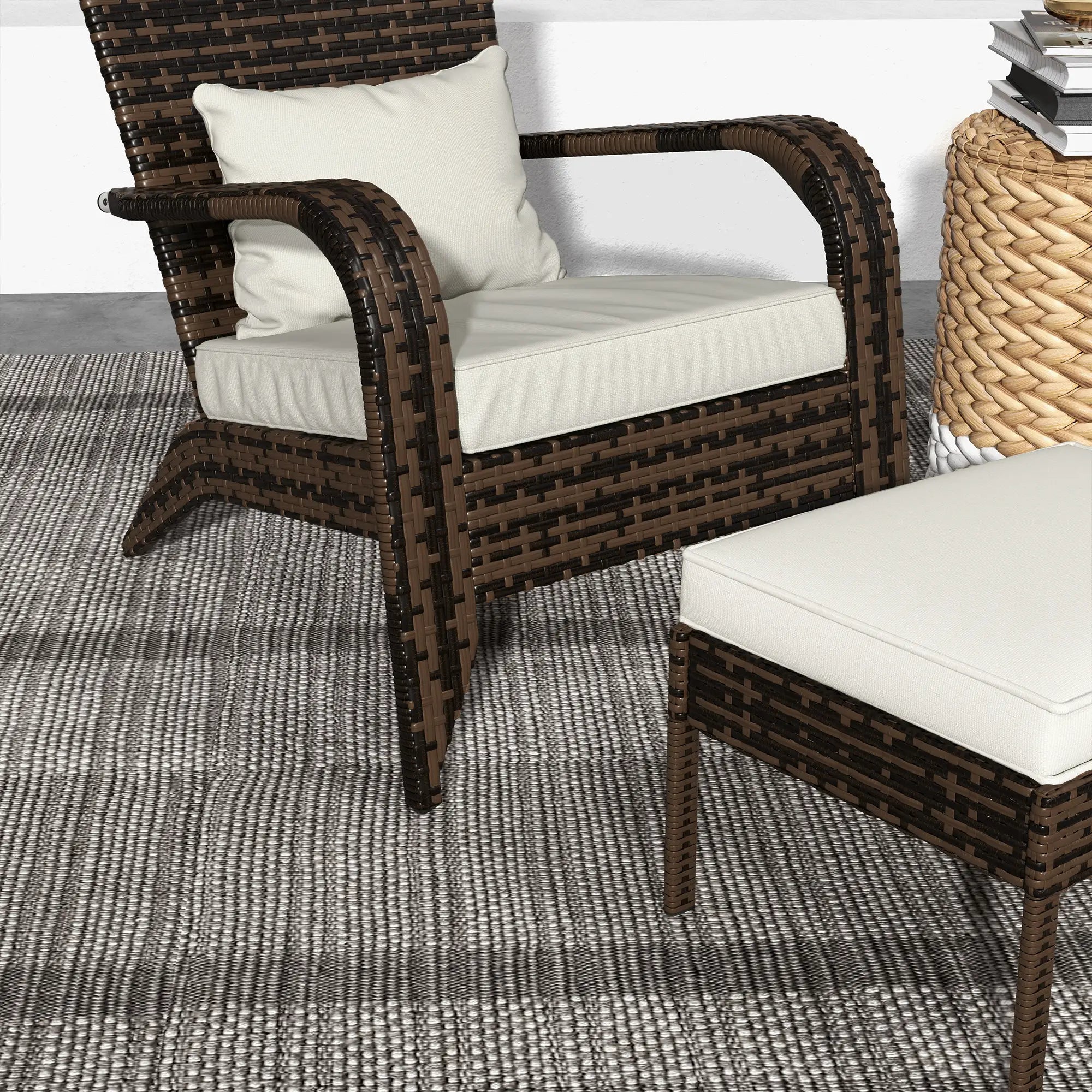 Wicker Adirondack Chair with Ottoman, Cushioned Patio Chair, Cream White, Brown Patio Chairs at Gallery Canada