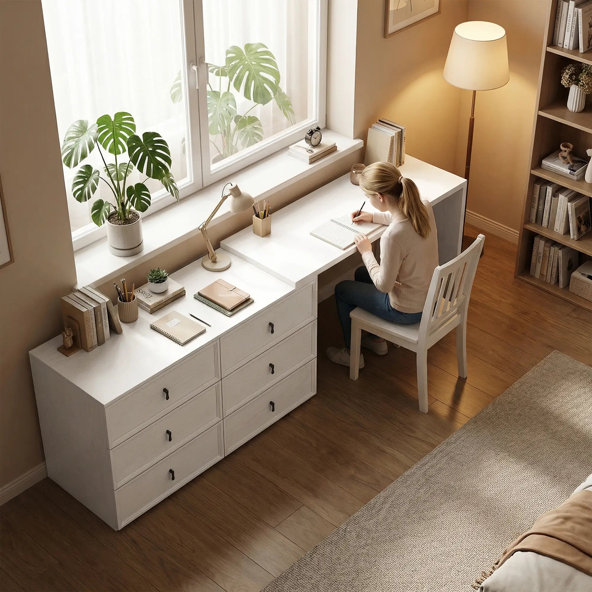 L Shaped Computer Desk, 6 Drawers, White Wood Grain, White Computer Desks at Gallery Canada