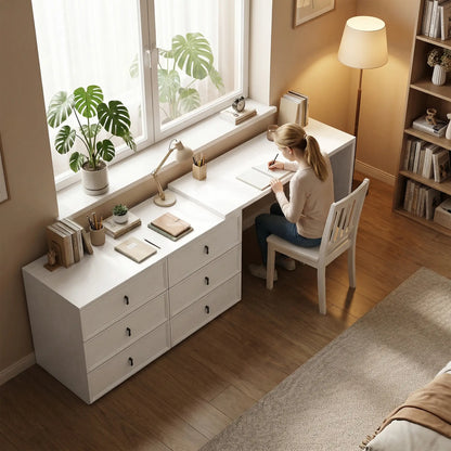 L Shaped Computer Desk, 6 Drawers, White Wood Grain, White Computer Desks at Gallery Canada