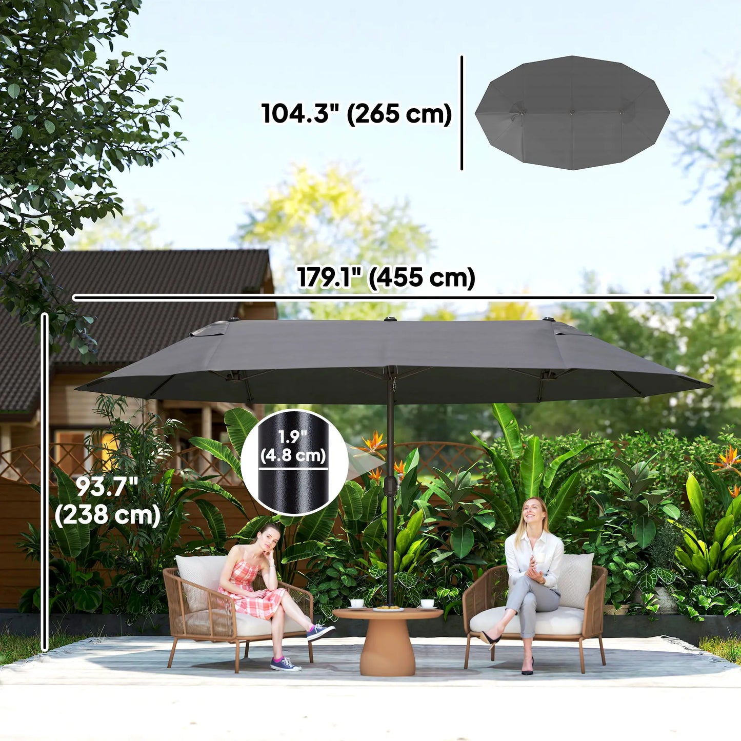 15' Double-Sided Patio Umbrella, Sun Shelter Canopy, Grey