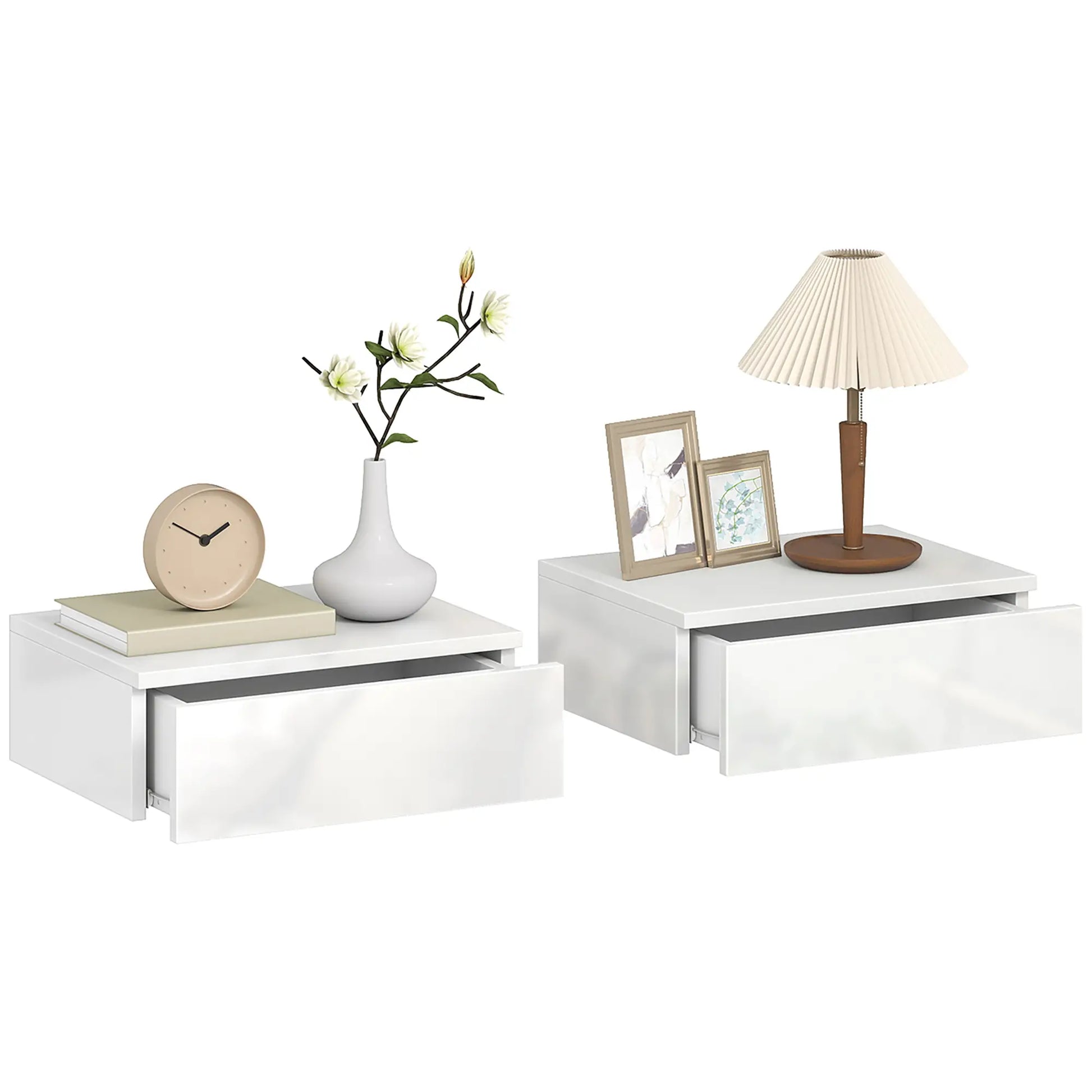 Set of 2 Wall Mounted Bedside Tables, High Gloss Floating Nightstands with Drawer, White Bedside Tables at Gallery Canada