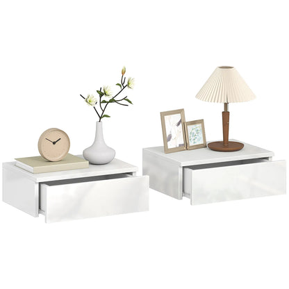 Set of 2 Wall Mounted Bedside Tables, High Gloss Floating Nightstands with Drawer, White Bedside Tables at Gallery Canada