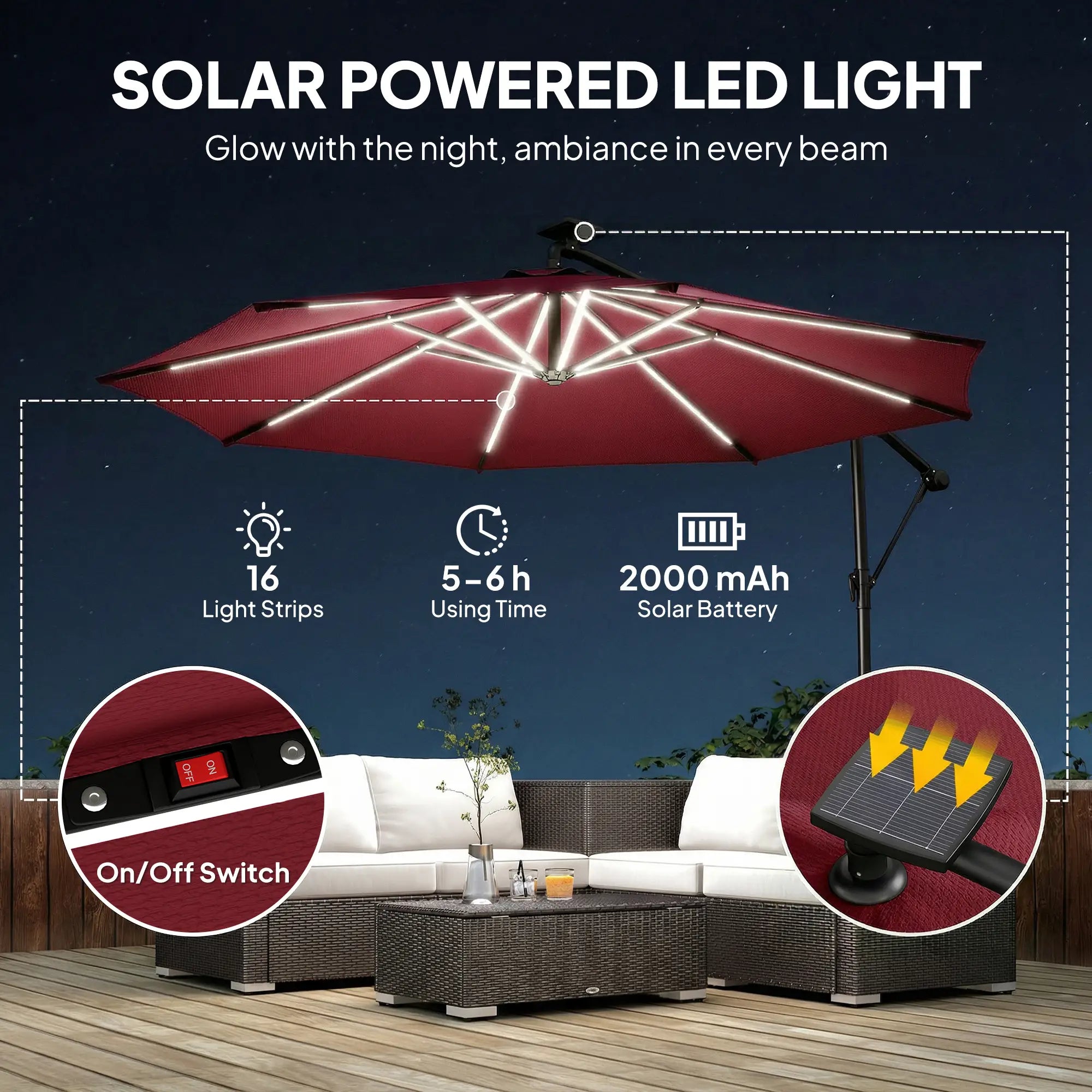 10 ft Offset Patio Umbrella, Solar Light, 360° Rotation, Tilt, Wine Red Offset Cantilever Umbrellas at Gallery Canada