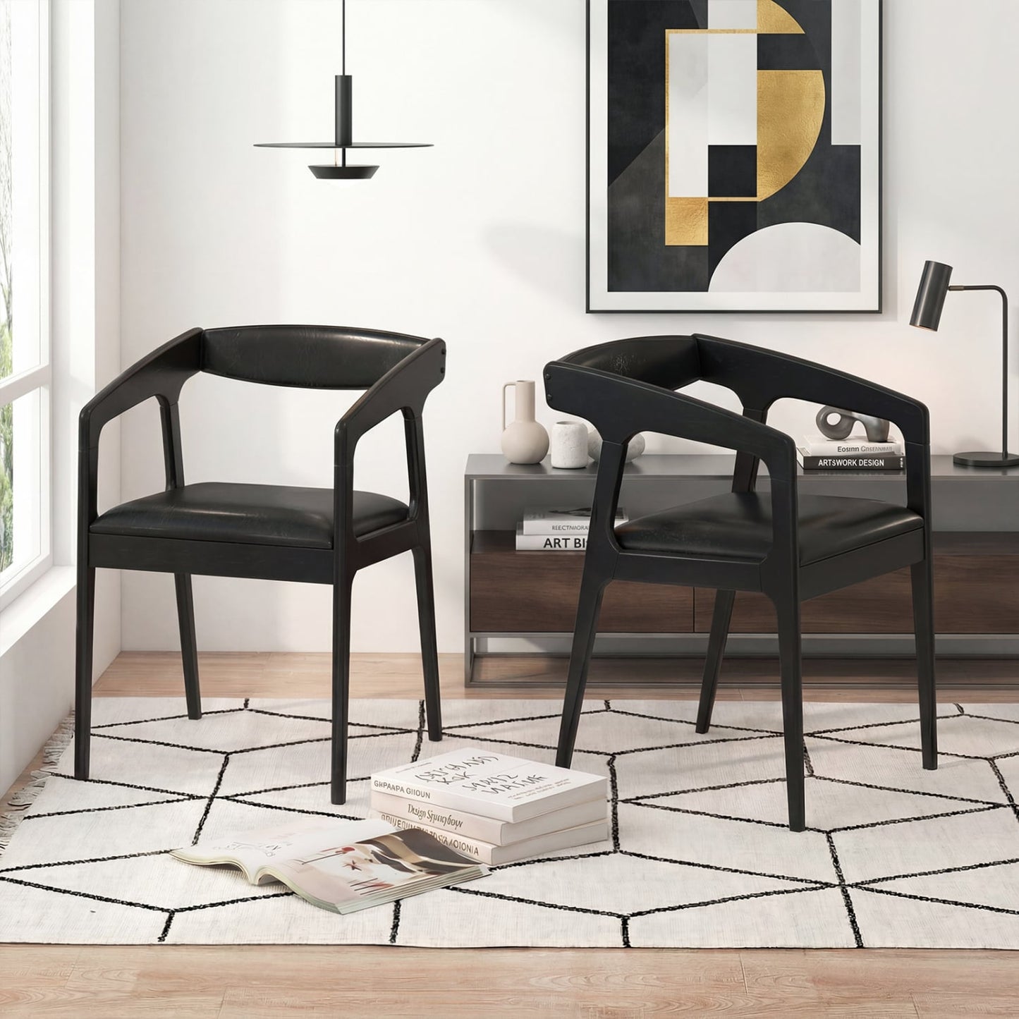 Set of 2 Upholstered Armchairs, Cozy Backrest, Black Dining Chairs at Gallery Canada