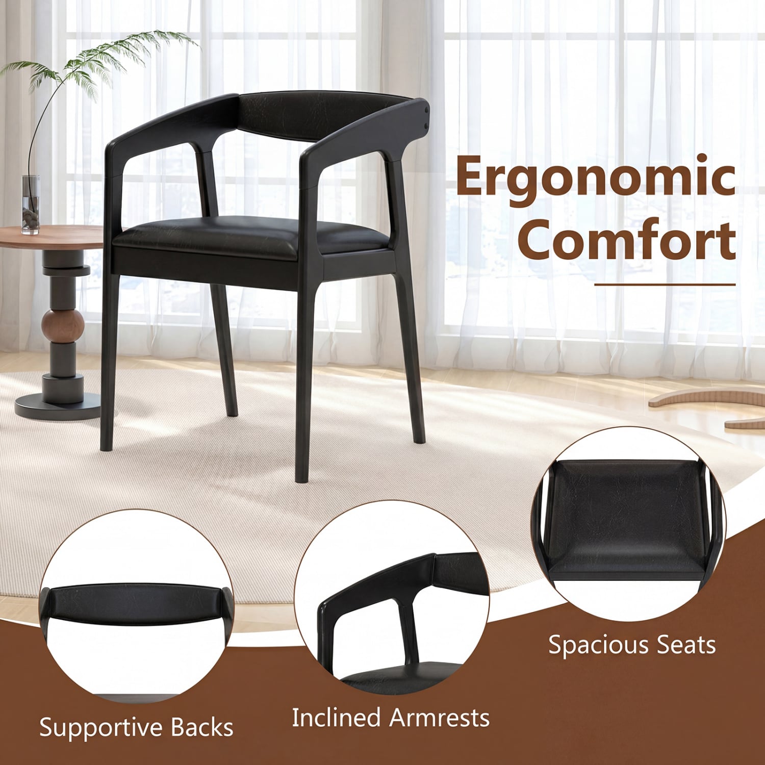 Set of 2 Upholstered Armchairs, Cozy Backrest, Black Dining Chairs at Gallery Canada