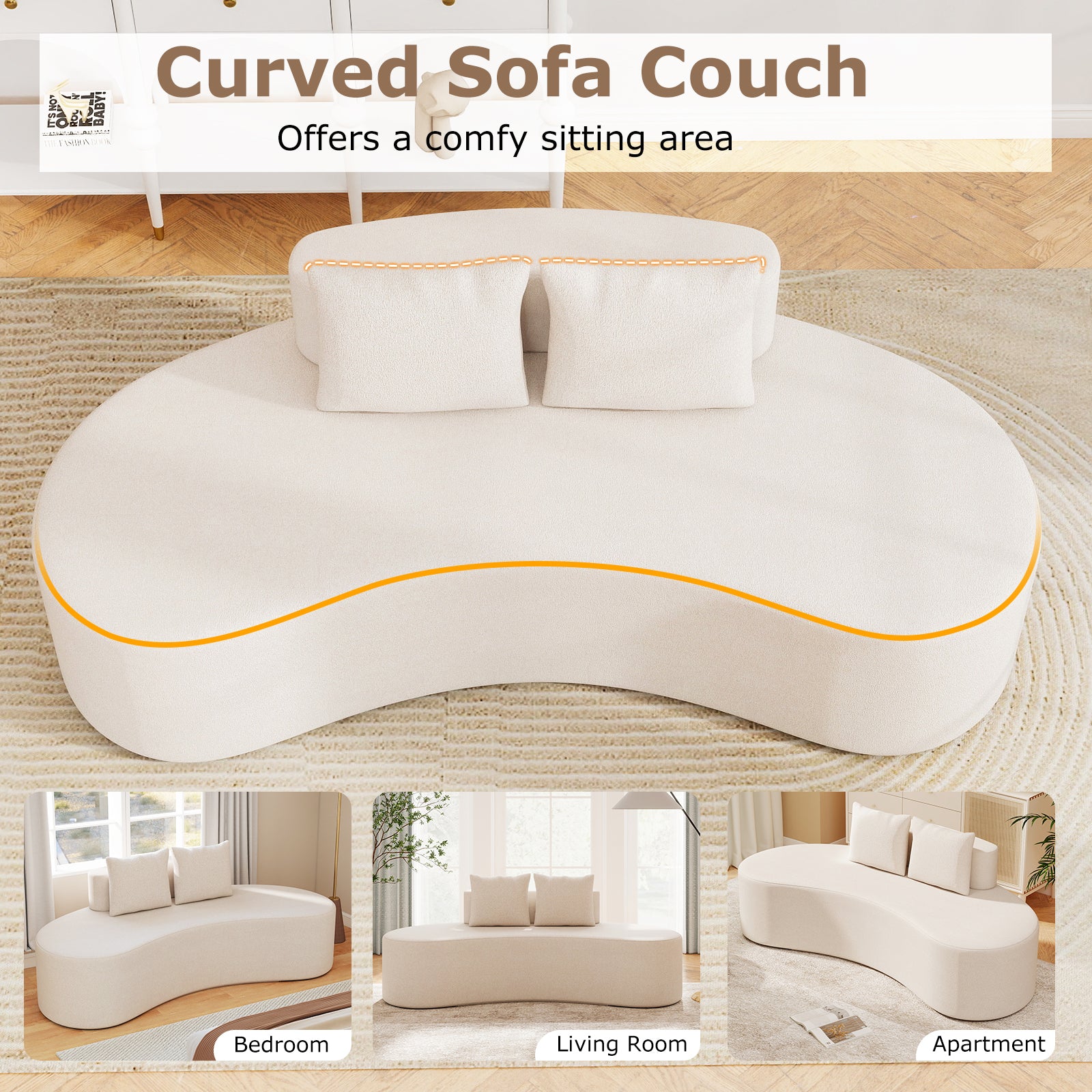 Upholstered Curved Sofa with 2 Cozy Pillows, Beige Sofas & Loveseats at Gallery Canada
