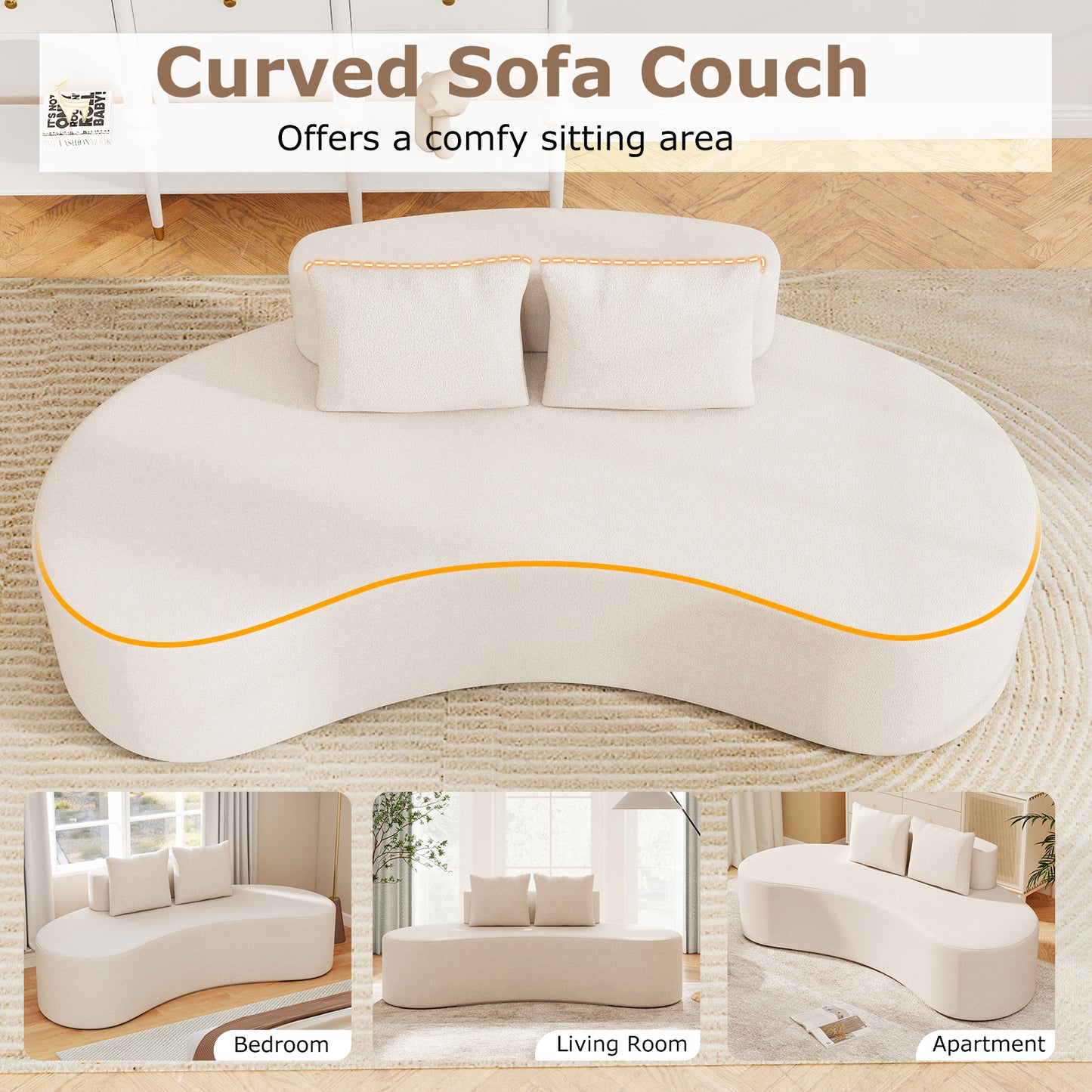 Upholstered Curved Sofa with 2 Cozy Pillows, Beige Sofas & Loveseats at Gallery Canada