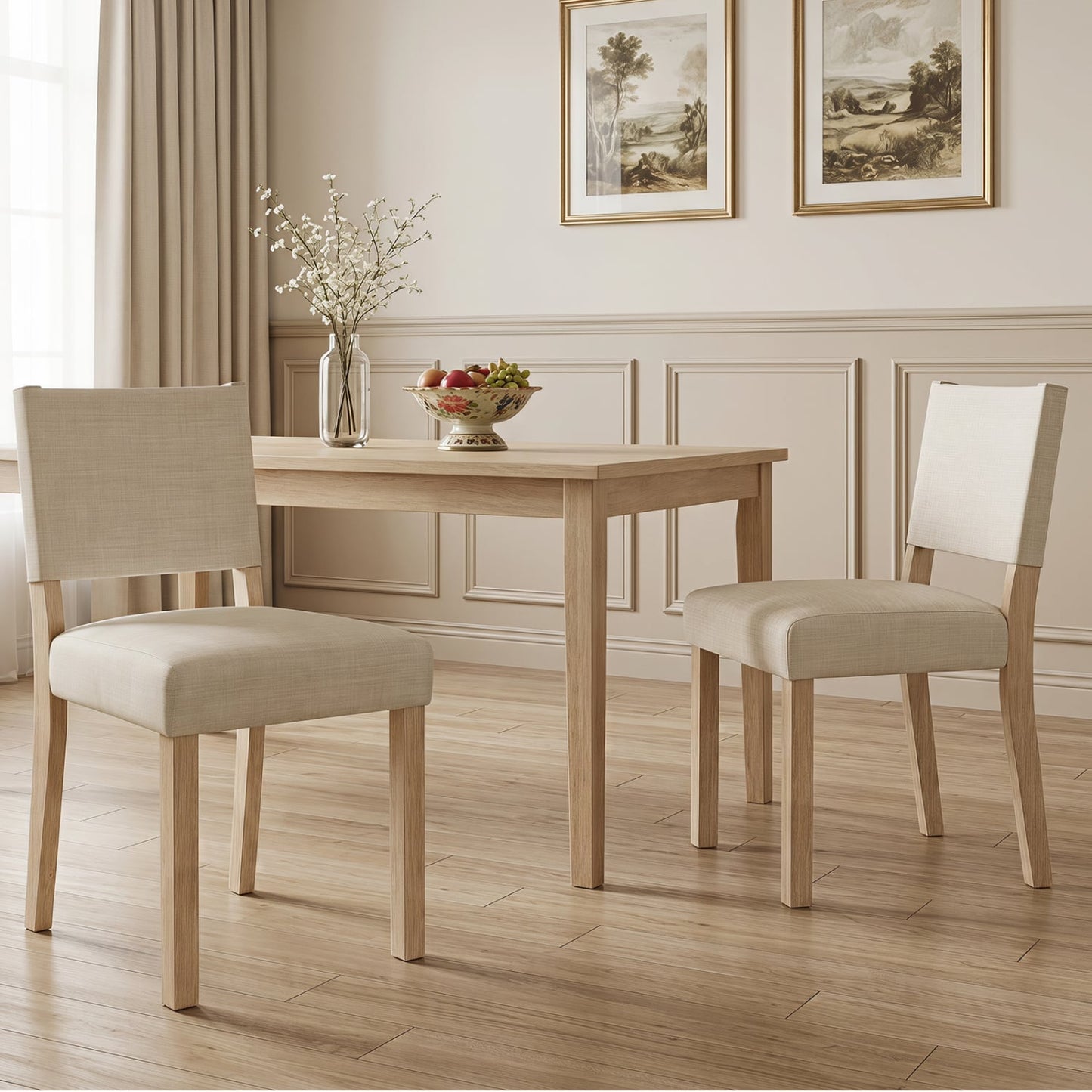Upholstered Dining Chairs With Rubber Wood Legs, Set Of 2, Beige