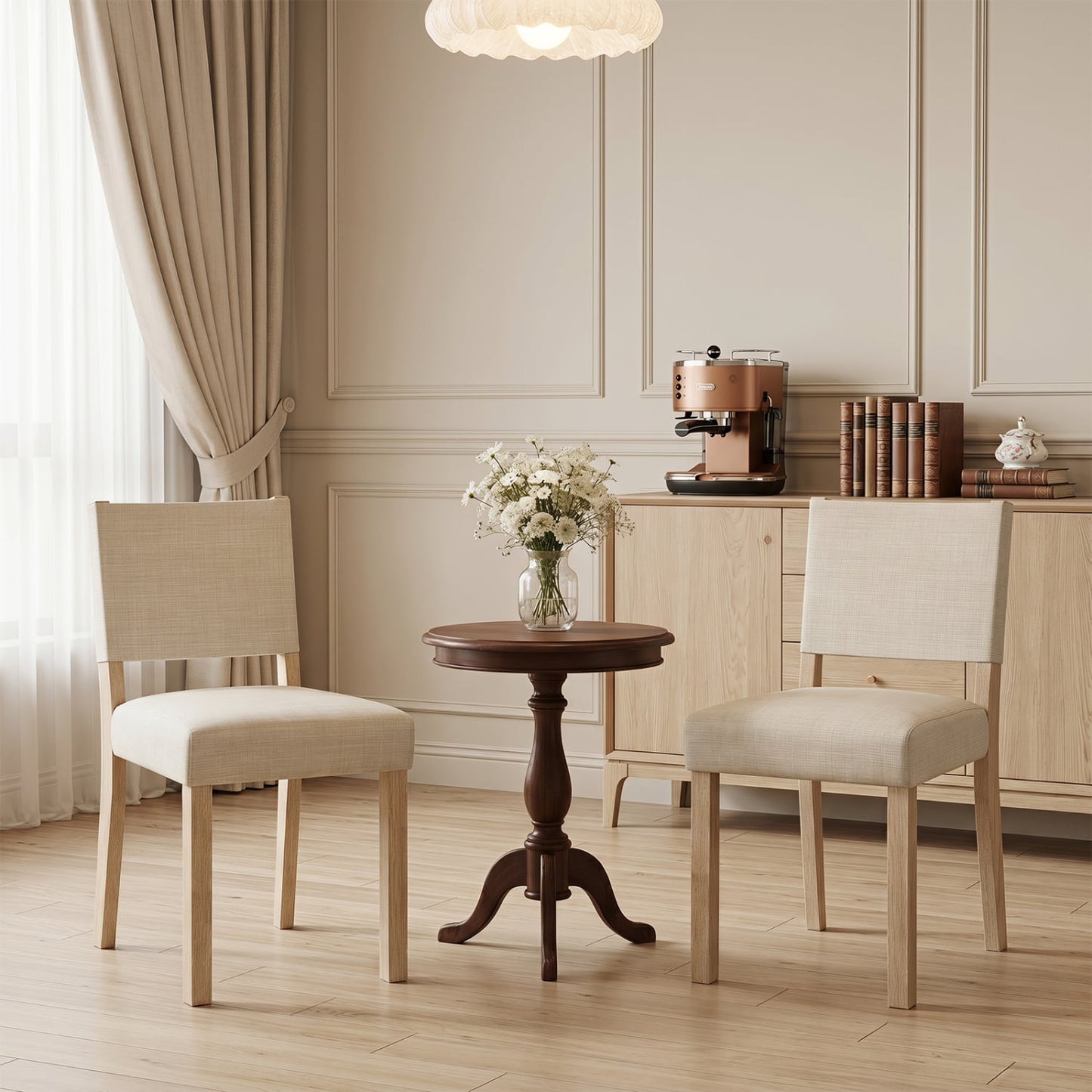 Upholstered Dining Chairs With Rubber Wood Legs, Set Of 2, Beige