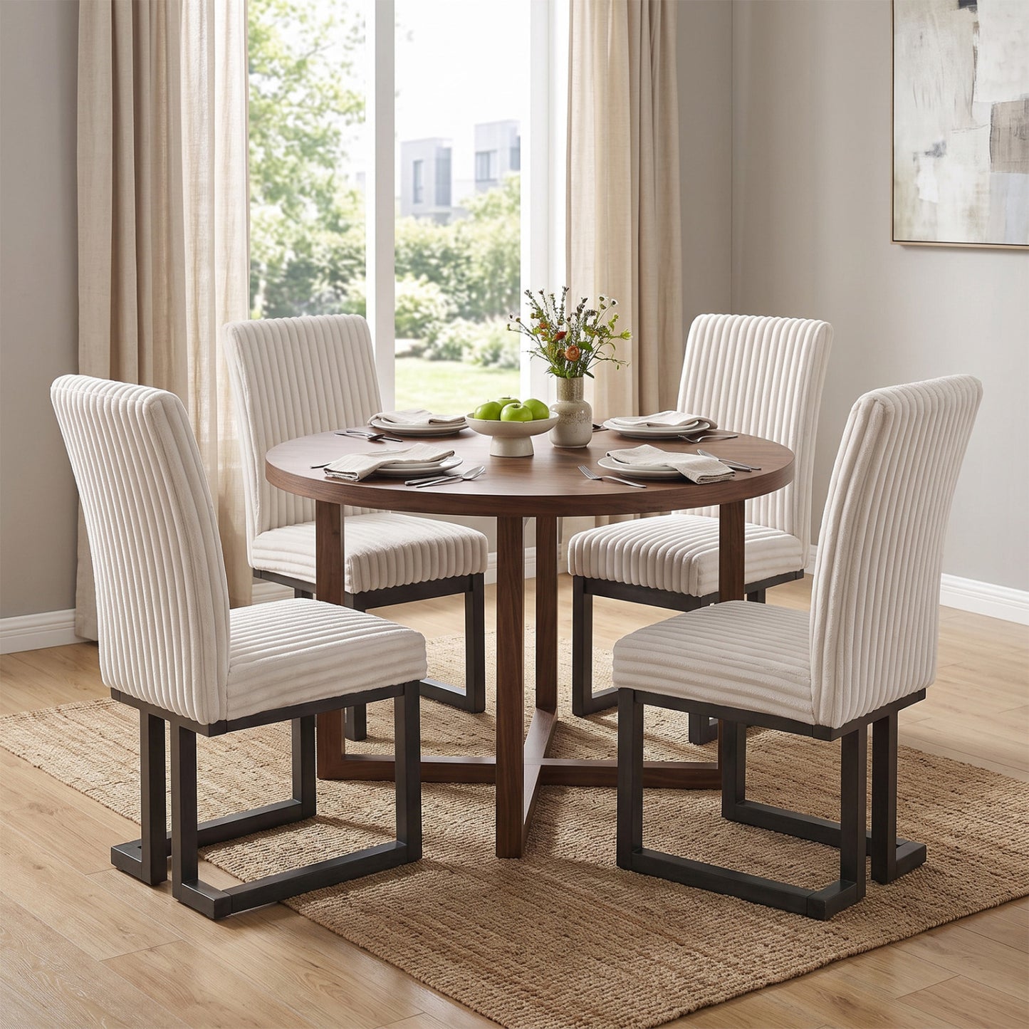 Upholstered Dining Chairs Set of 4, Rubber Wood Legs, Beige