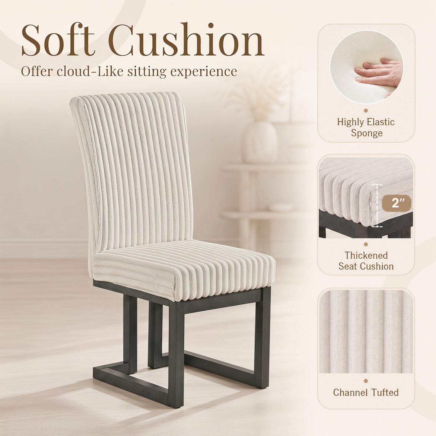 Upholstered Dining Chairs Set of 4, Rubber Wood Legs, Beige
