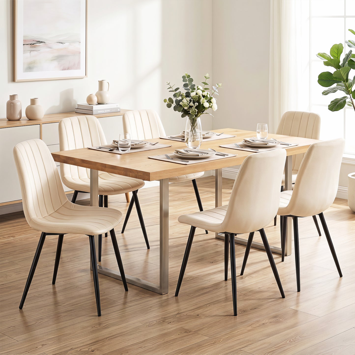 Fabric Dining Chairs Set of 4, Metal Legs, Beige