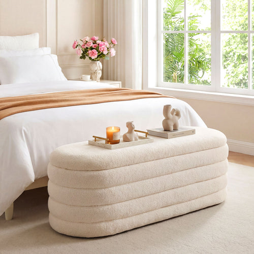 Upholstered Fabric Storage Ottoman Bench, White