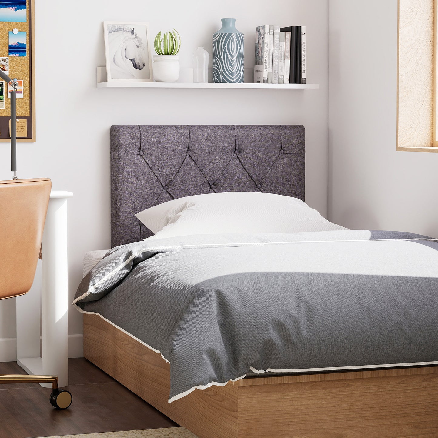 Upholstered Headboard for Twin Size Bed with Fabric Upholstery, Gray Bedding at Gallery Canada
