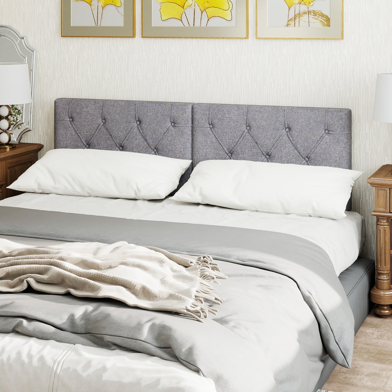 Upholstered Headboard for Twin Size Bed with Fabric Upholstery, Gray Bedding at Gallery Canada