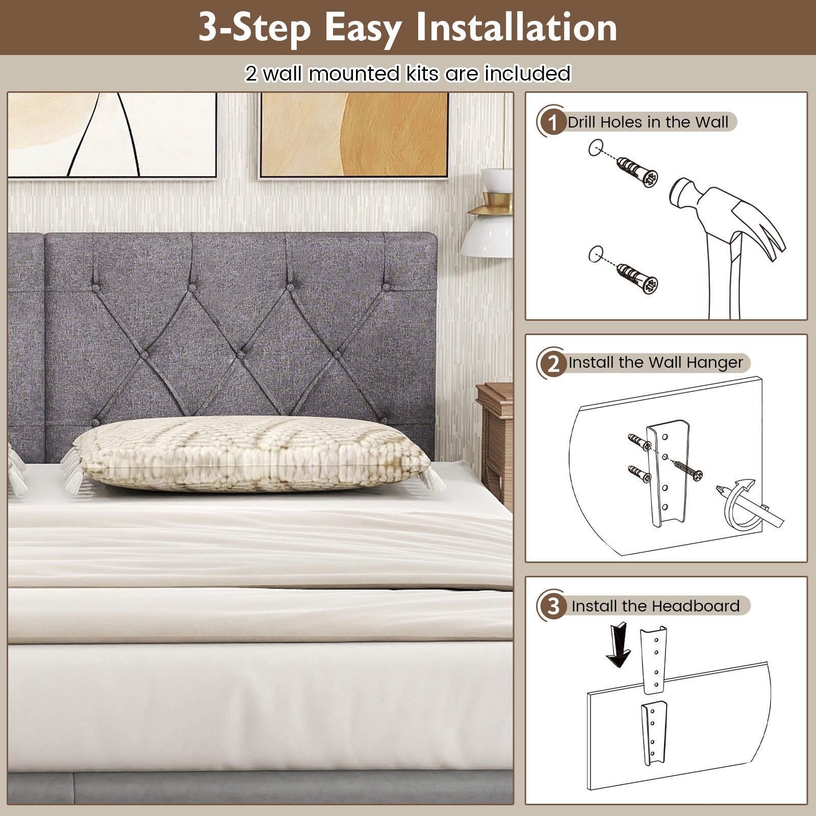 Upholstered Headboard for Twin Size Bed with Fabric Upholstery, Gray Bedding at Gallery Canada