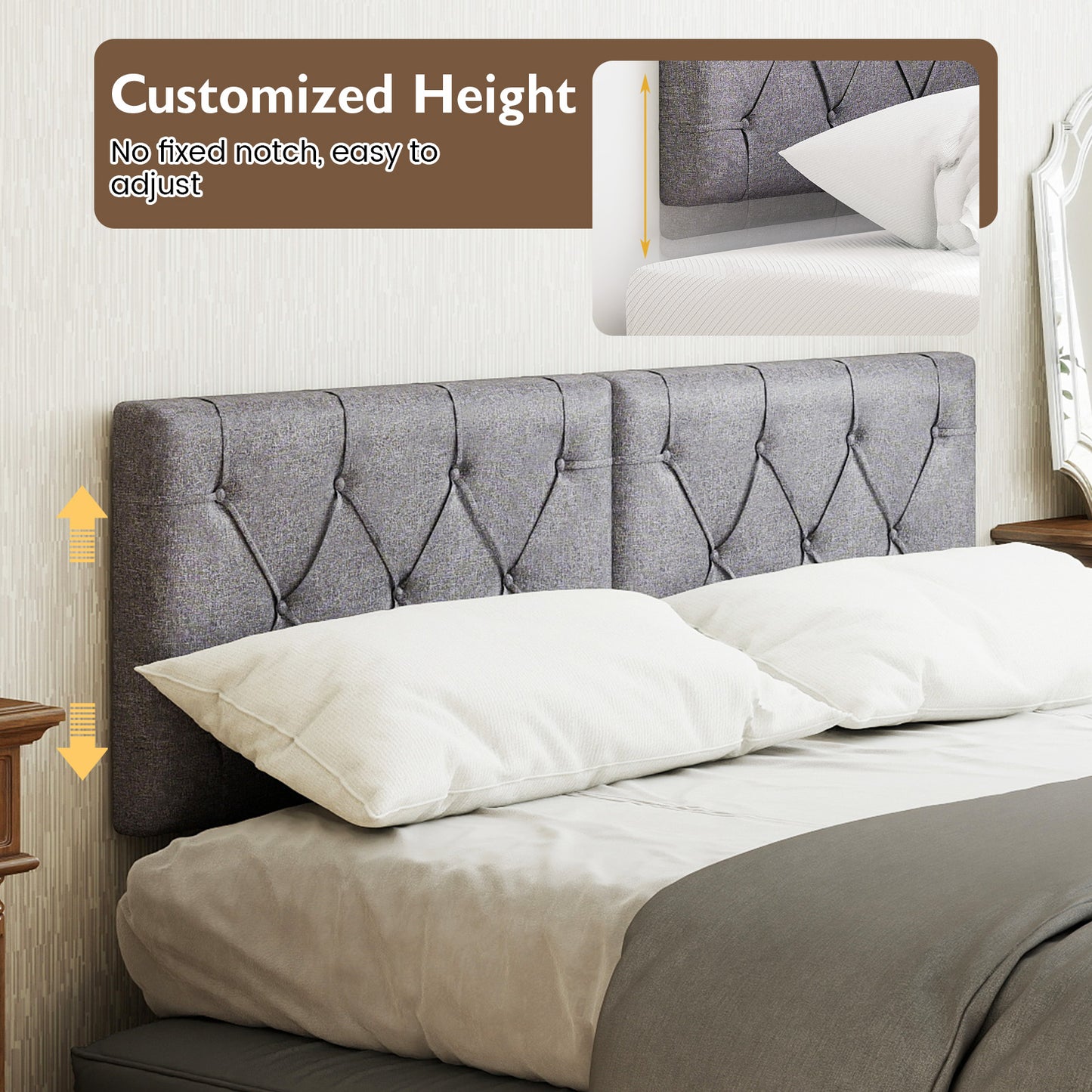 Upholstered Headboard for Twin Size Bed with Fabric Upholstery, Gray Bedding at Gallery Canada
