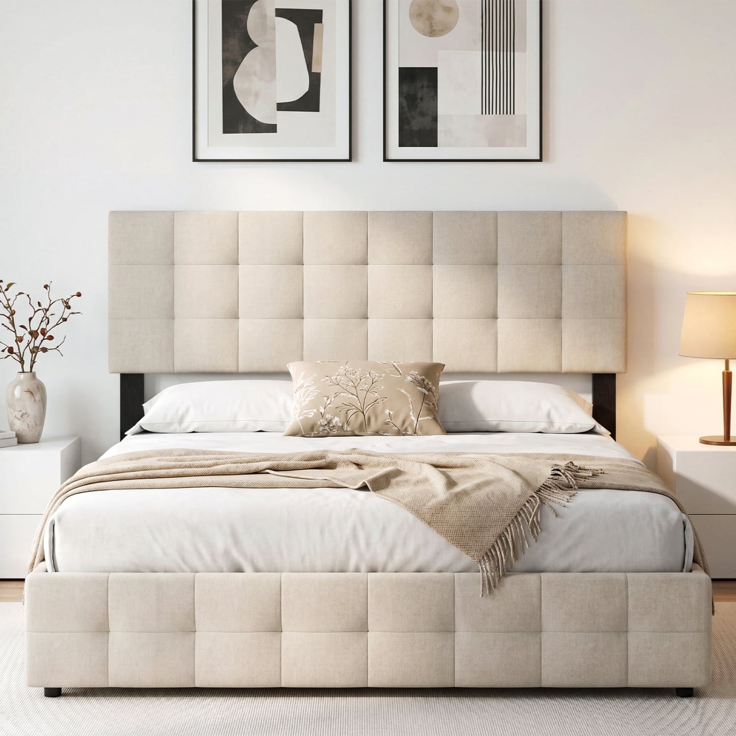 Quilted Grid Linen Headboard, Queen/Full, Beige Headboards at Gallery Canada