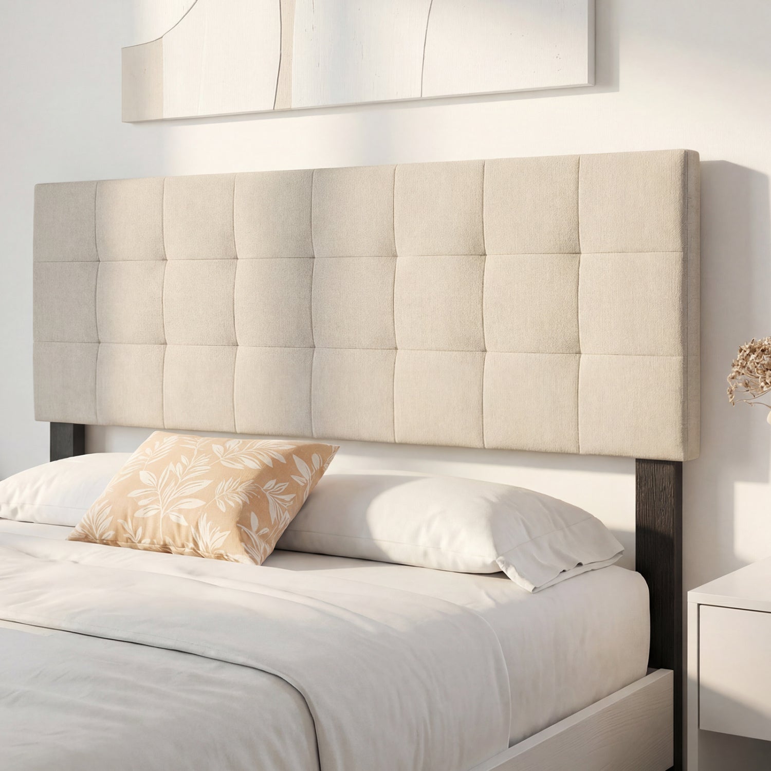 Quilted Grid Linen Headboard, Queen/Full, Beige Headboards at Gallery Canada