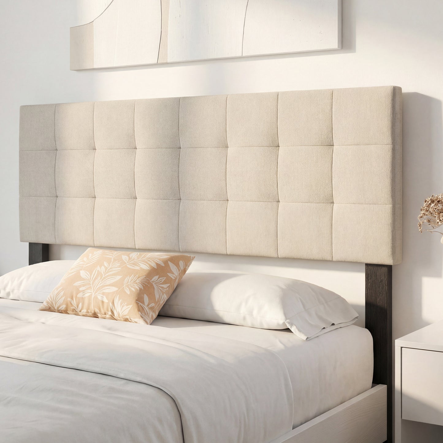 Quilted Grid Linen Headboard, Queen/Full, Beige Headboards at Gallery Canada