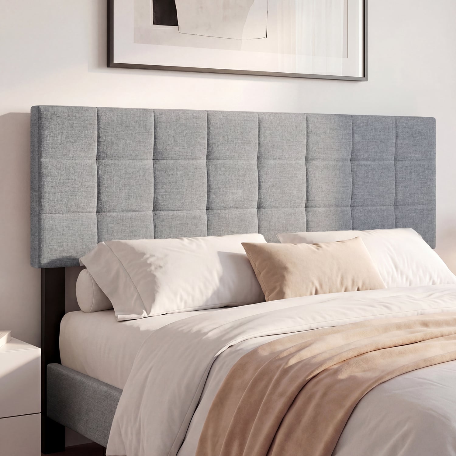 Upholstered Headboard, Queen/Full, Quilted Grid Linen, Gray Headboards at Gallery Canada