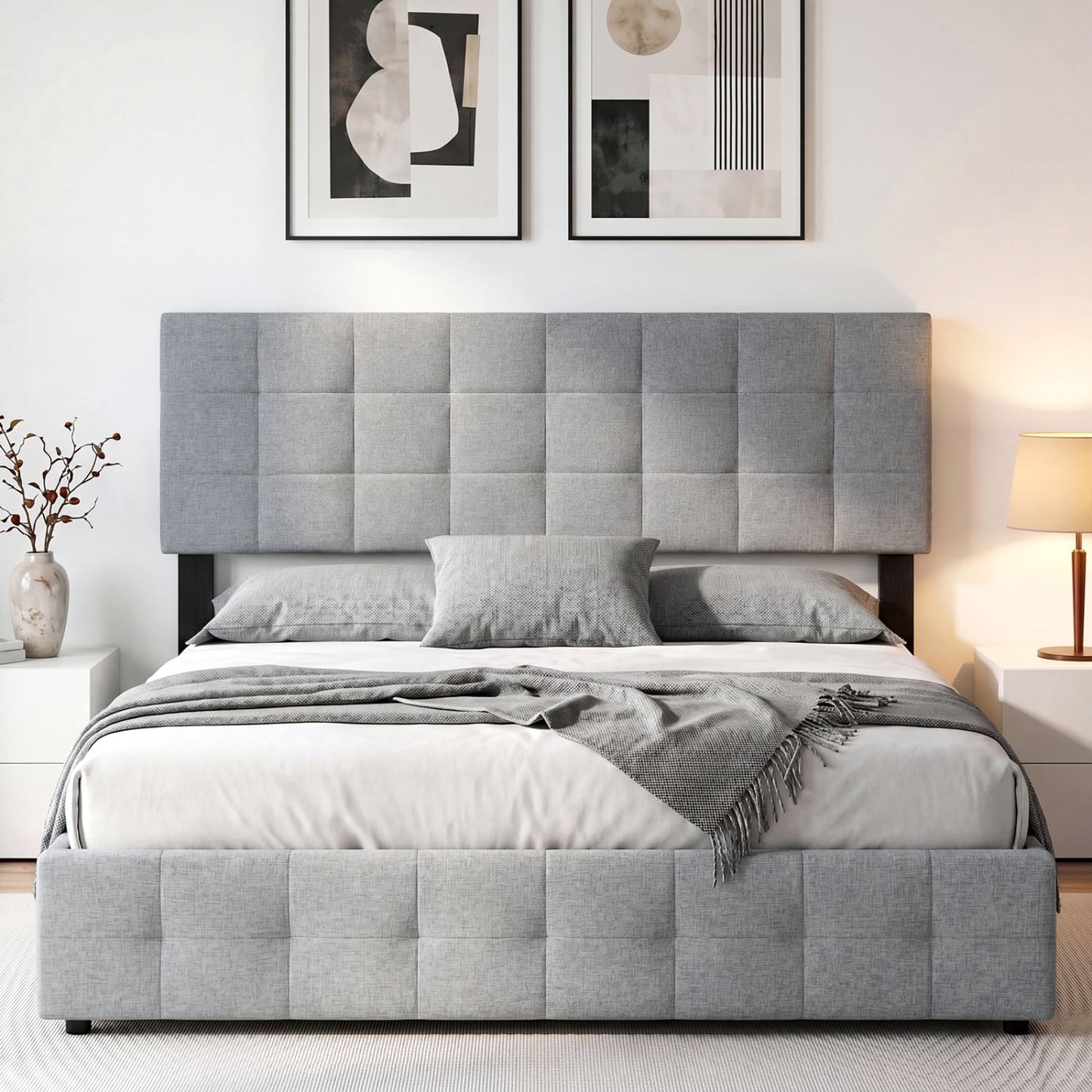 Upholstered Headboard, Queen/Full, Quilted Grid Linen, Gray Headboards at Gallery Canada