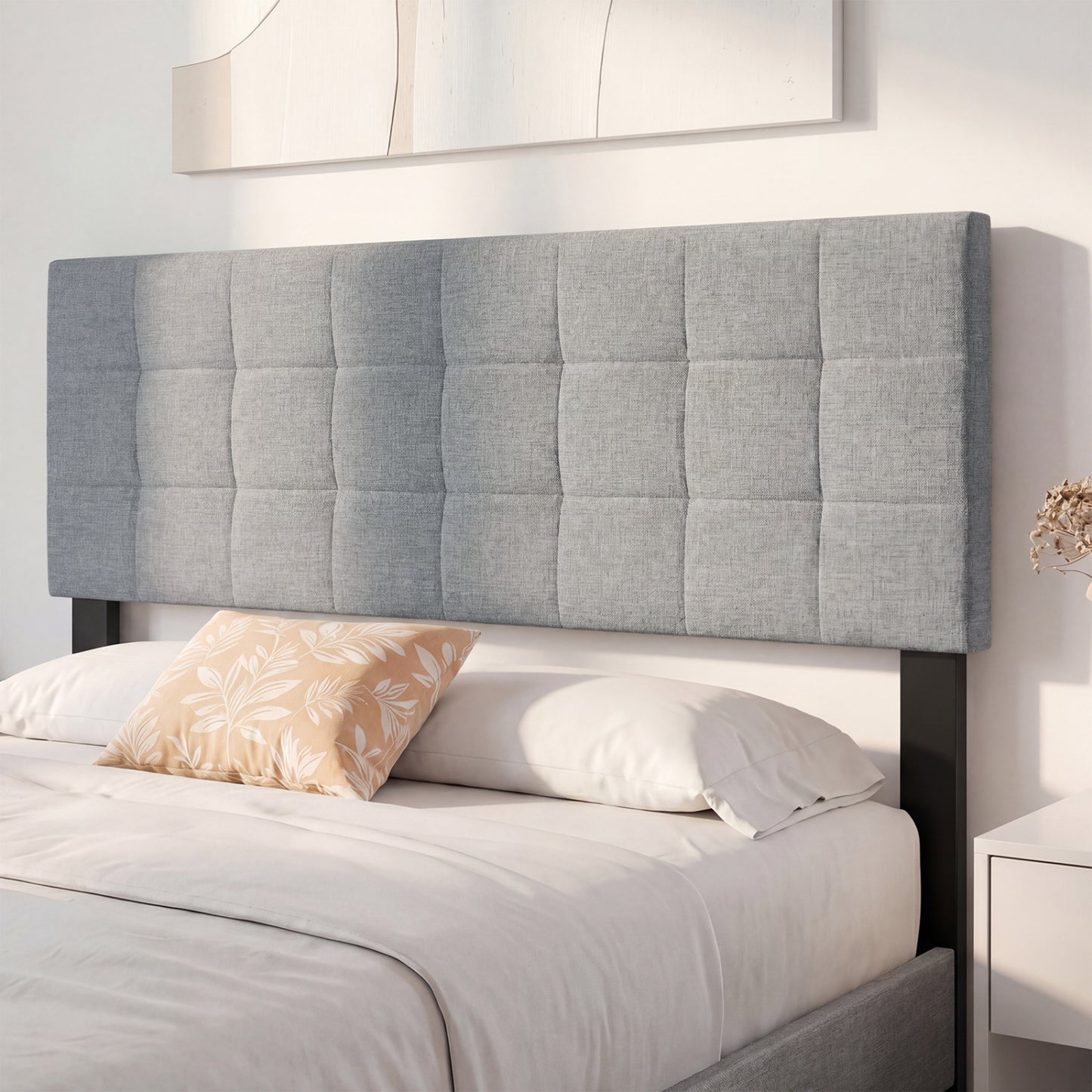 Upholstered Headboard, Queen/Full, Quilted Grid Linen, Gray Headboards at Gallery Canada