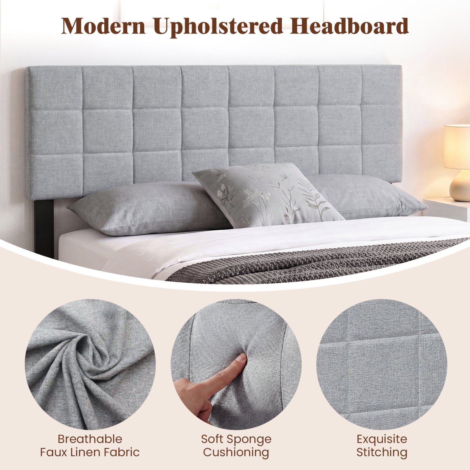 Upholstered Headboard, Queen/Full, Quilted Grid Linen, Gray Headboards at Gallery Canada