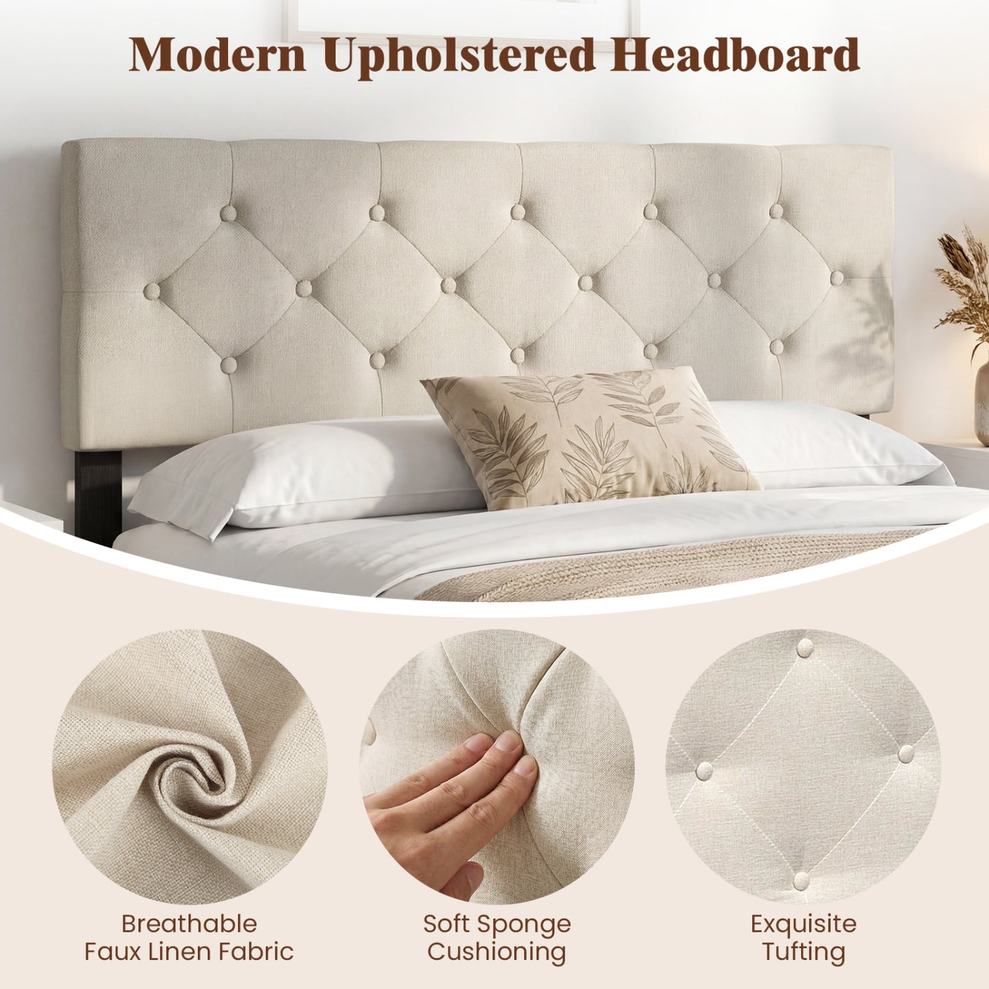 Queen/Full Tufted Linen Upholstered Headboard, Beige Headboards at Gallery Canada
