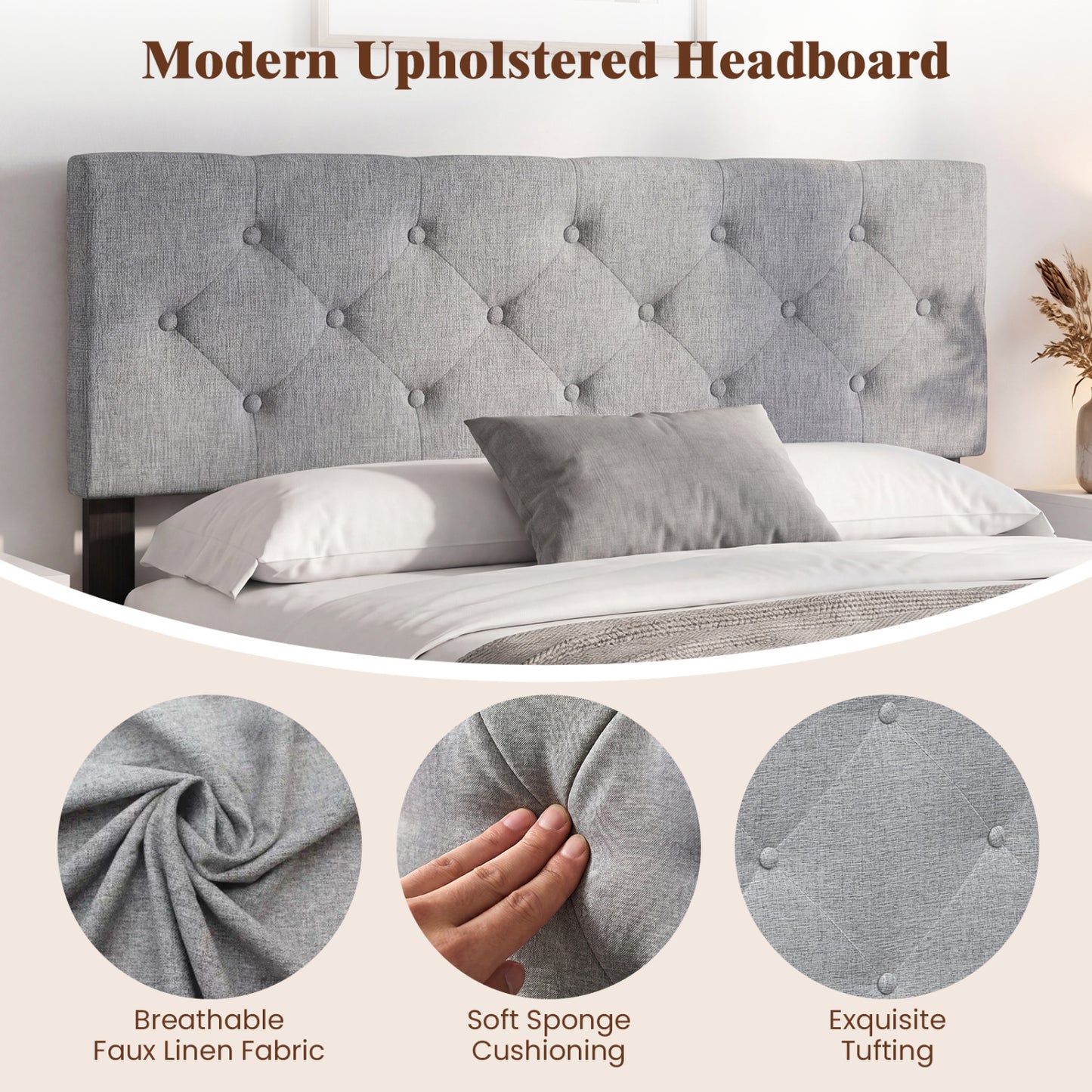Upholstered Headboard Queen/Full, Tufted Linen, Gray Headboards at Gallery Canada
