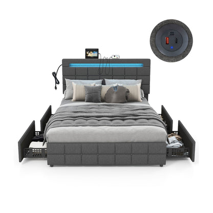 Upholstered LED Bed Frame, Headboard, 4 Drawers, Full Size, Gray Simple Bed Frame Gray at Gallery Canada