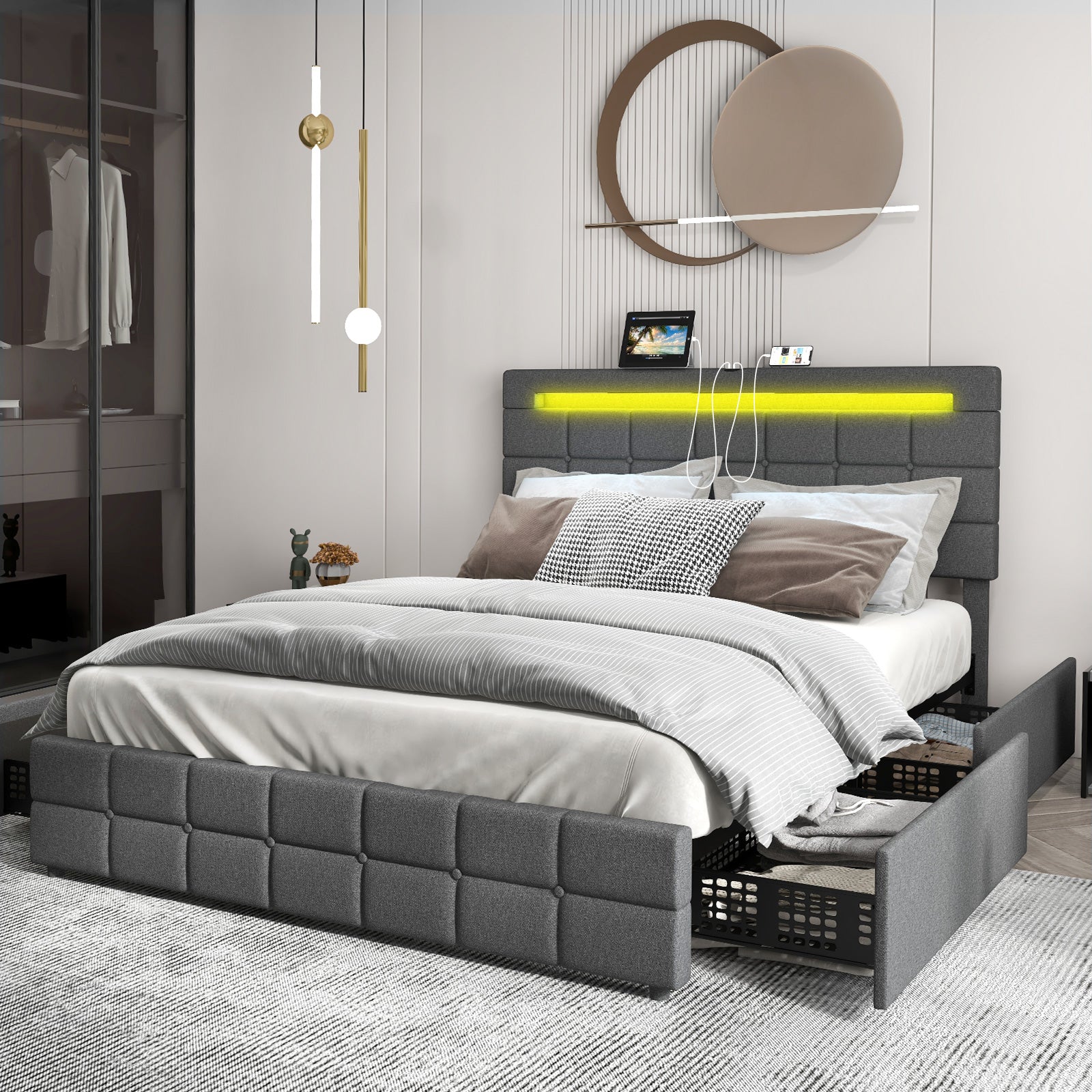 Upholstered LED Bed Frame, Headboard, 4 Drawers, Full Size, Gray Simple Bed Frame at Gallery Canada