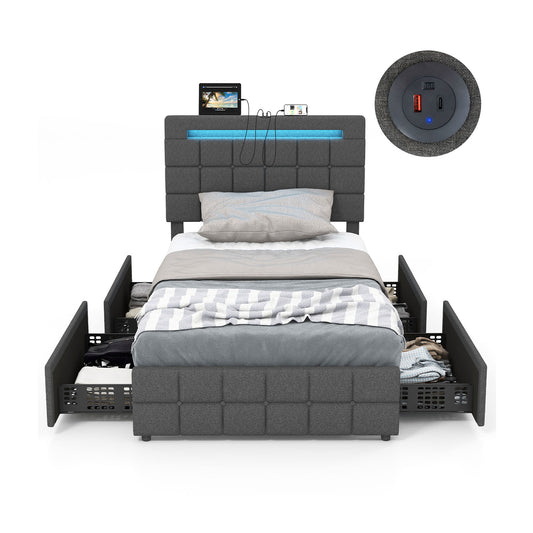 LED Bed Frame With Headboard, 4 Drawers, Twin Size, Gray