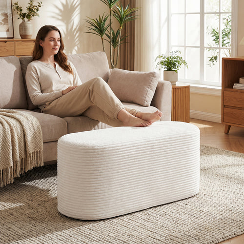 Upholstered Ottoman Bench with High-Density Sponge, Beige