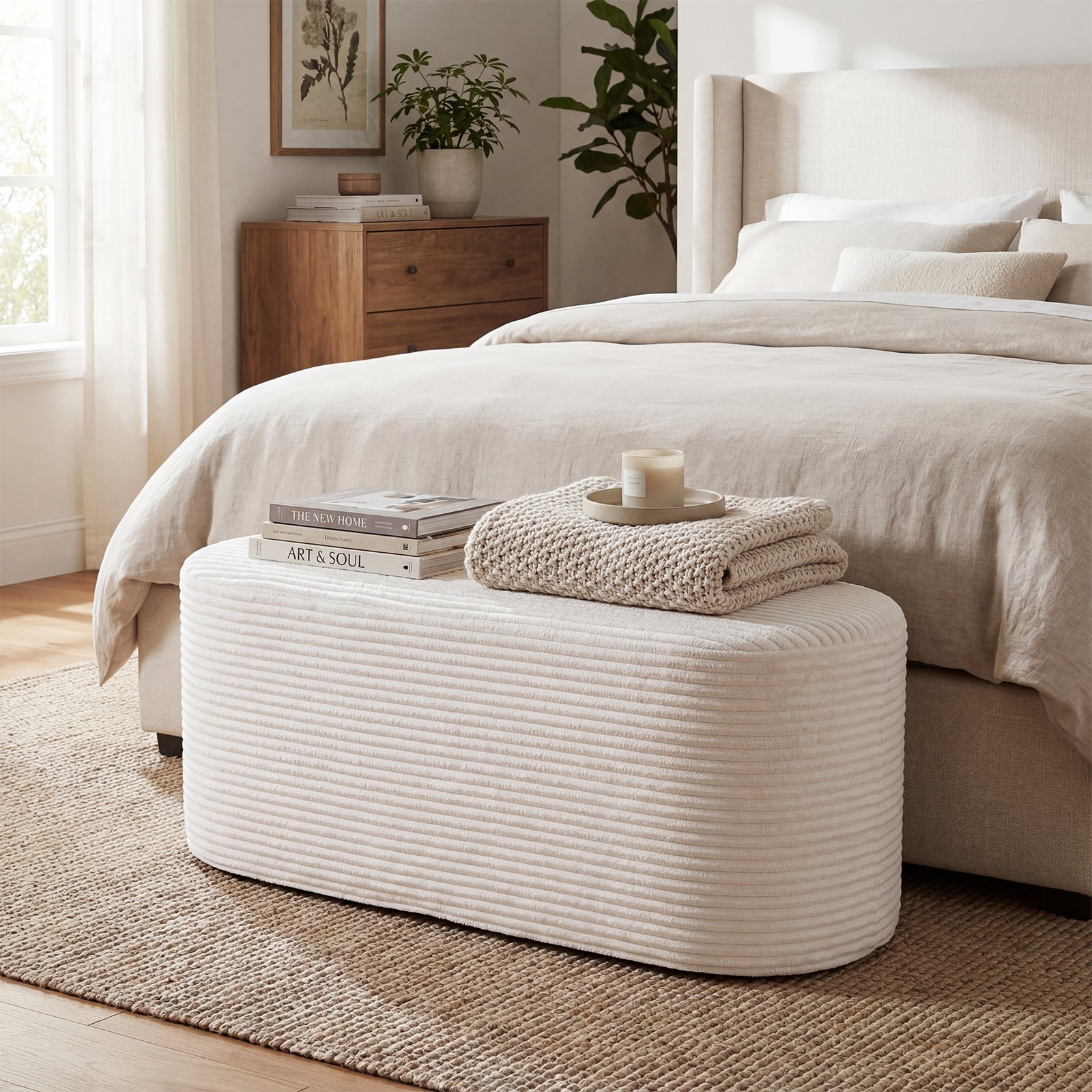 Upholstered Ottoman Bench with High-Density Sponge, Beige Ottomans at Gallery Canada