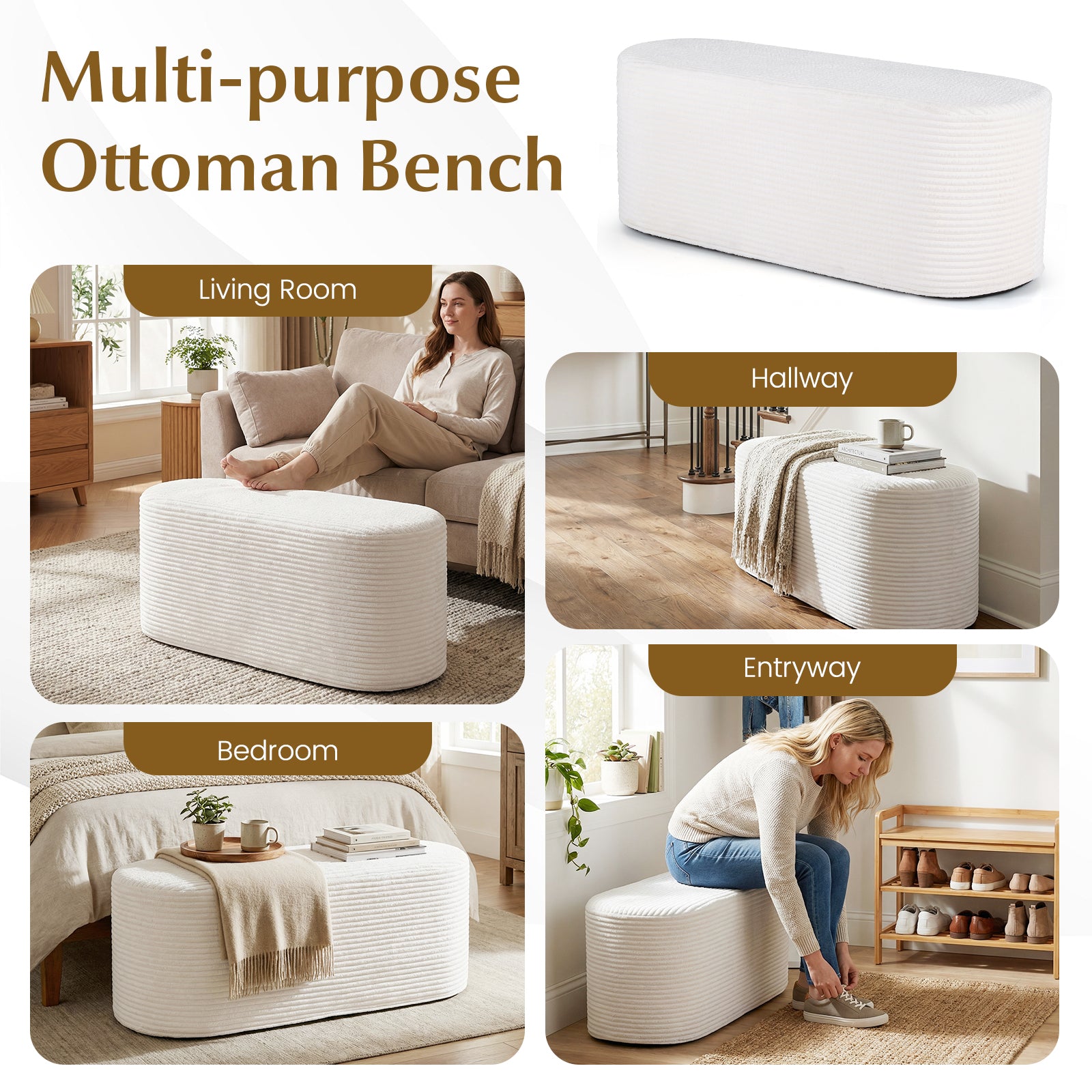 Upholstered Ottoman Bench with High-Density Sponge, Beige Ottomans at Gallery Canada