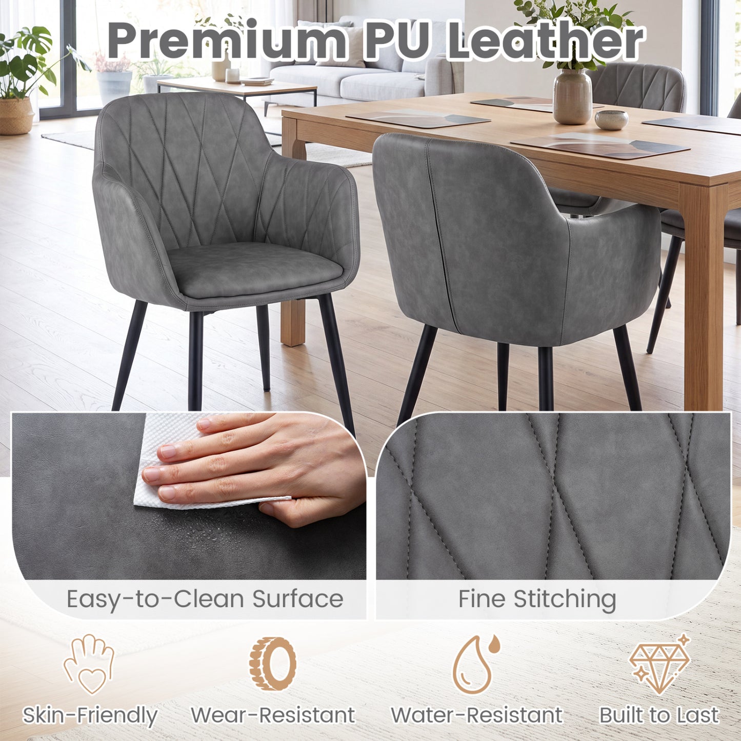 Chaises de cuisine en cuir UP, lot de 2, dossier incurvé, siège large, gris