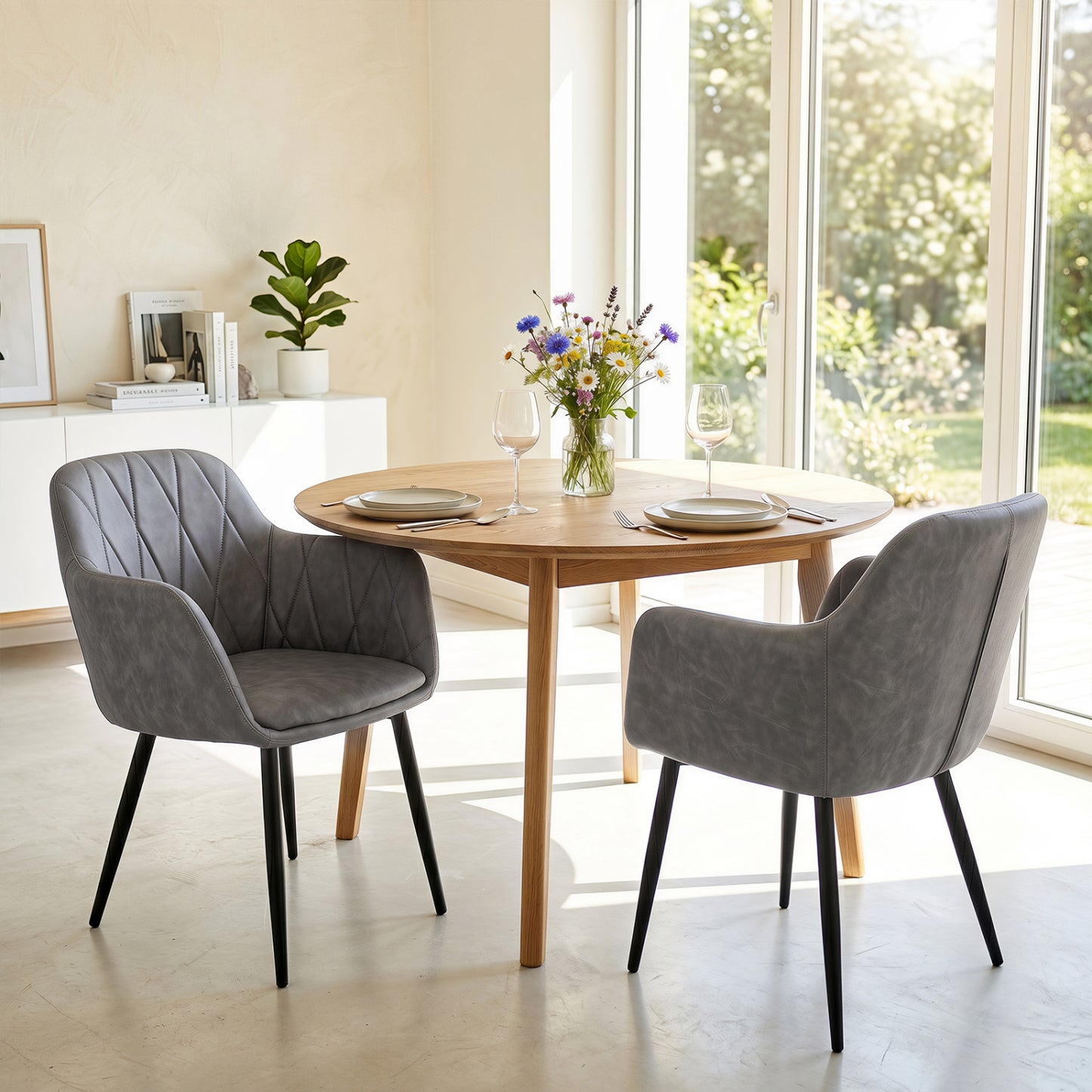 Chaises de cuisine en cuir UP, lot de 2, dossier incurvé, siège large, gris