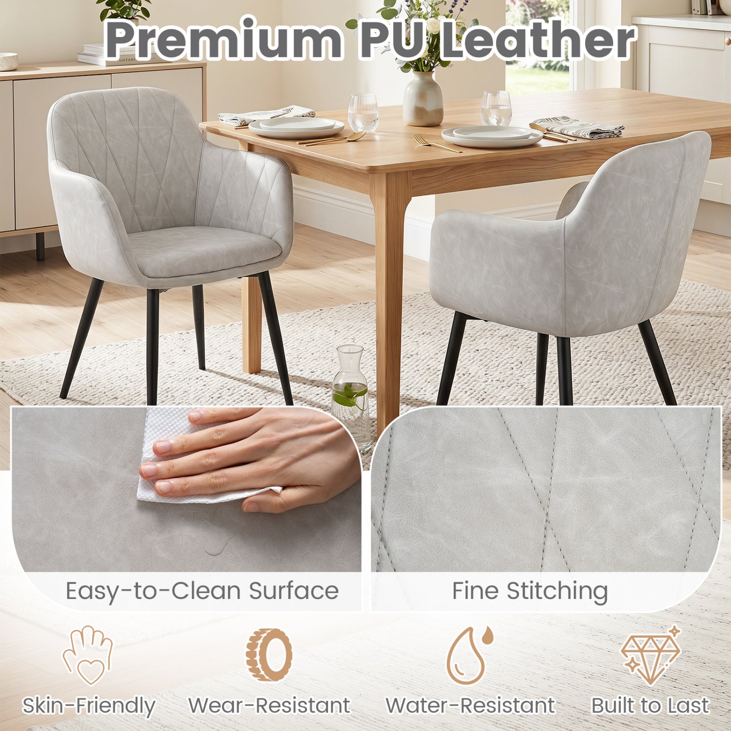 Ensemble de 2 chaises de cuisine en similicuir PU, dossier incurvé, blanc