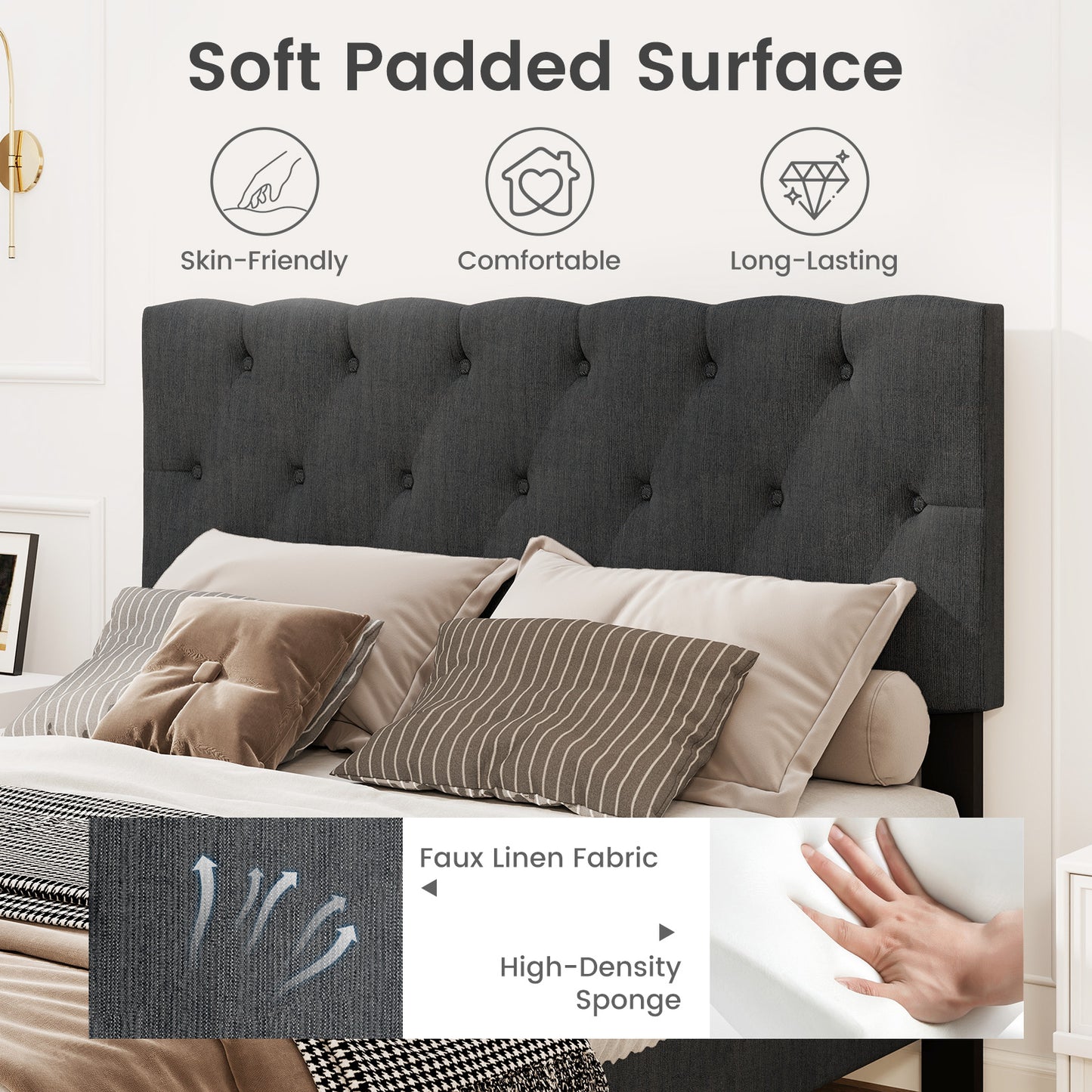 Lit plateforme rembourré, tête de lit capitonnée, lattes en bois, taille complète, gris