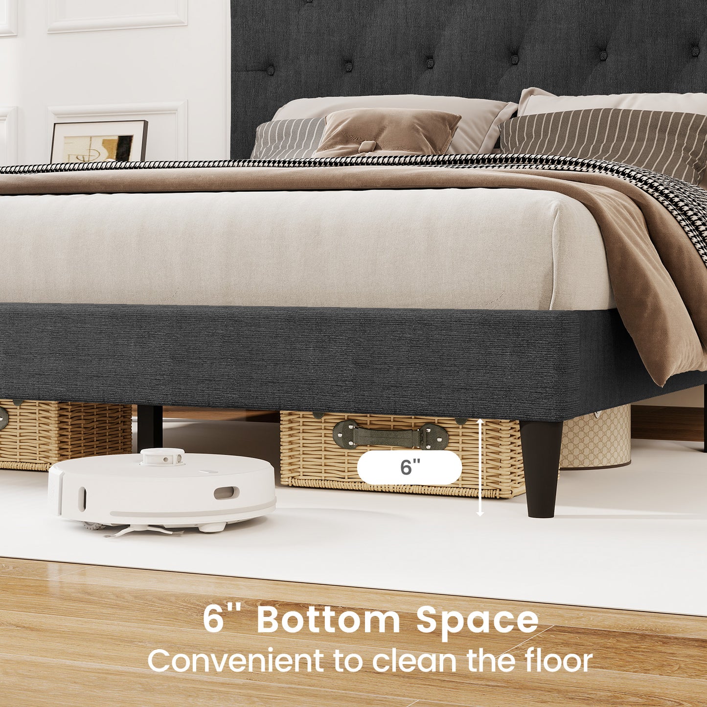 Lit plateforme rembourré, tête de lit capitonnée, lattes en bois, taille complète, gris