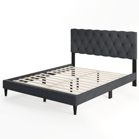 Upholstered Platform Bed, Tufted Headboard, Wooden Slats, Queen Size, Gray Simple Bed Frame Options at Gallery Canada