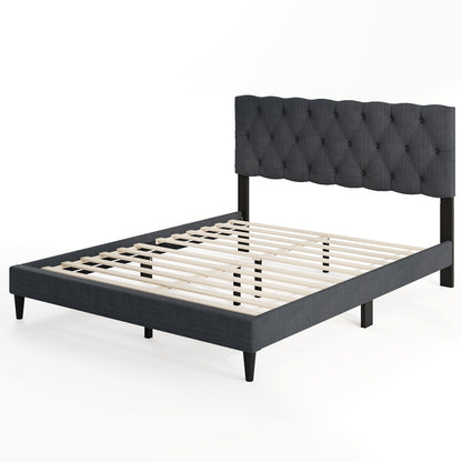 Upholstered Platform Bed, Tufted Headboard, Wooden Slats, Queen Size, Gray Simple Bed Frame at Gallery Canada