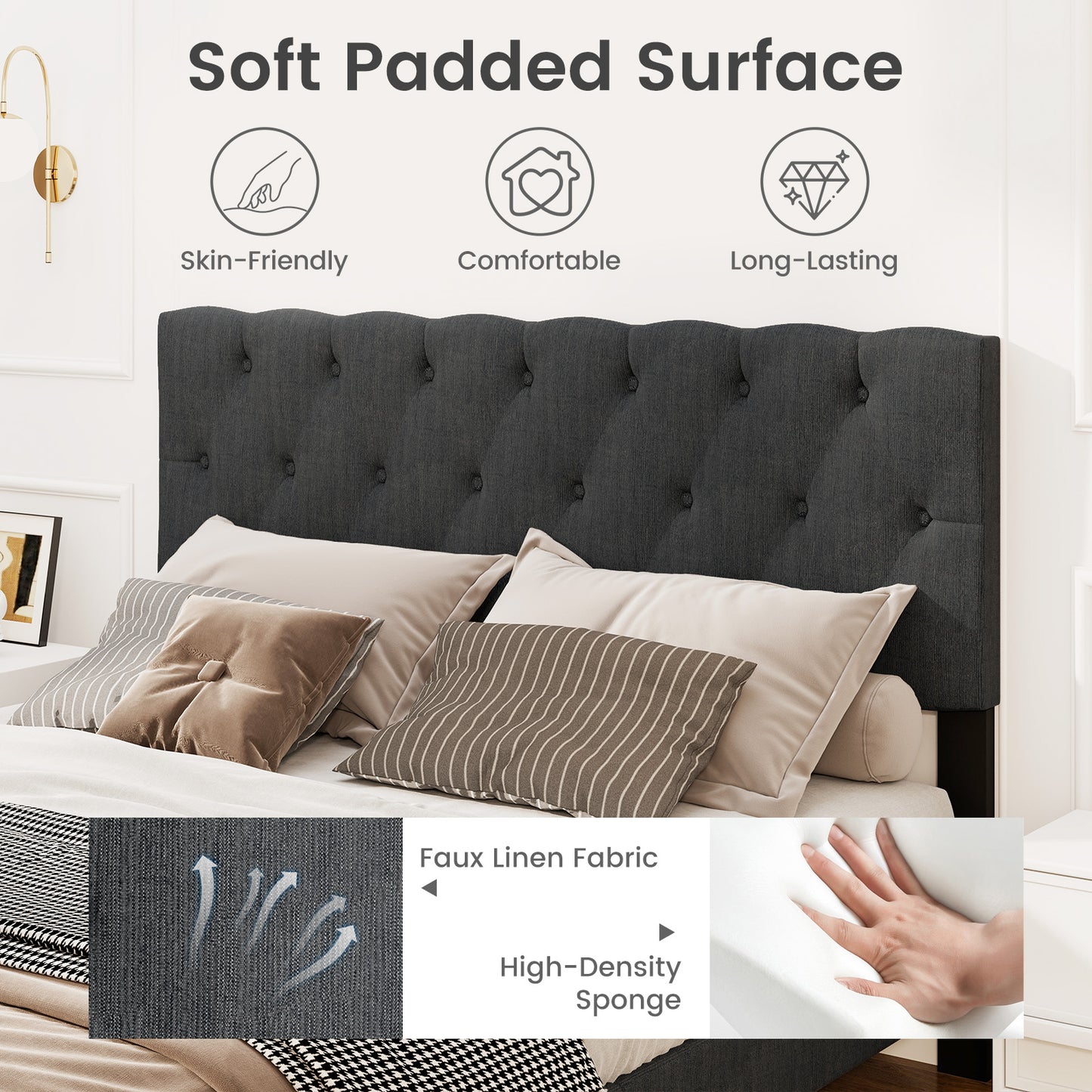 Lit à Plateforme Rembourré, Tête de Lit Capitonnée, Lattes en Bois, Taille Queen, Gris