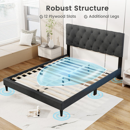 Lit à Plateforme Rembourré, Tête de Lit Capitonnée, Lattes en Bois, Taille Queen, Gris